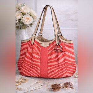 Coach Zebra Stripe Canvas Shoulder Tote w/ Double Hang Tags Beige Leather Trim